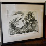 A02. Limited edition signed William Gropper fisherman etching. Frame: 20”h x 23.5”w 